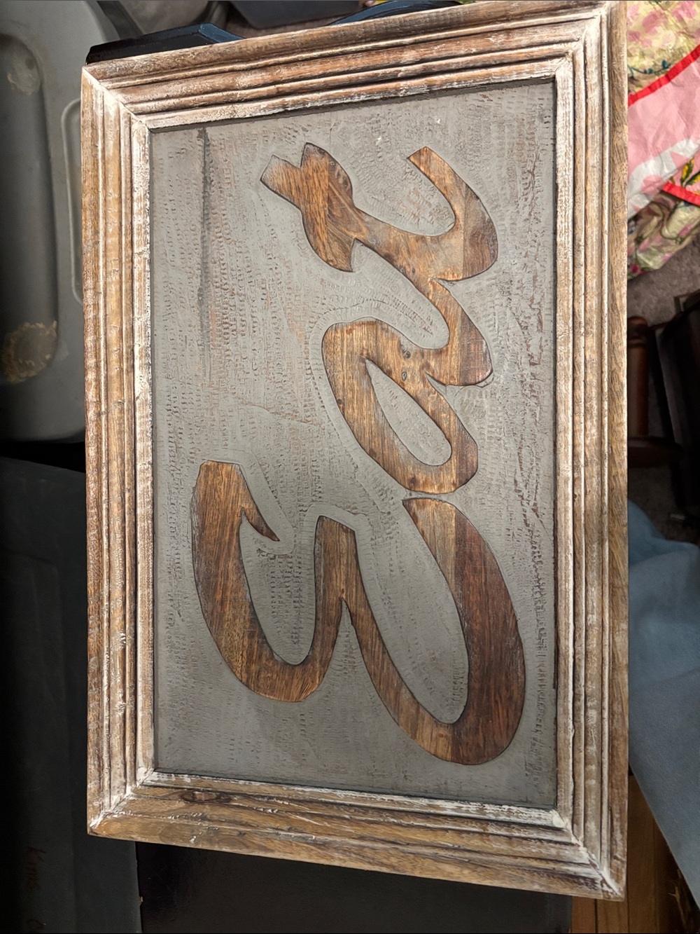 Wooden Script Wall Art - Distressed Gray Frame with Natural Wood Script